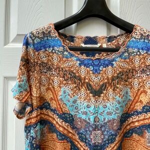 Soft Surroundings Women's Size Medium Blue/Copper‎ Scalloped Hem Cap Sleeve Knit